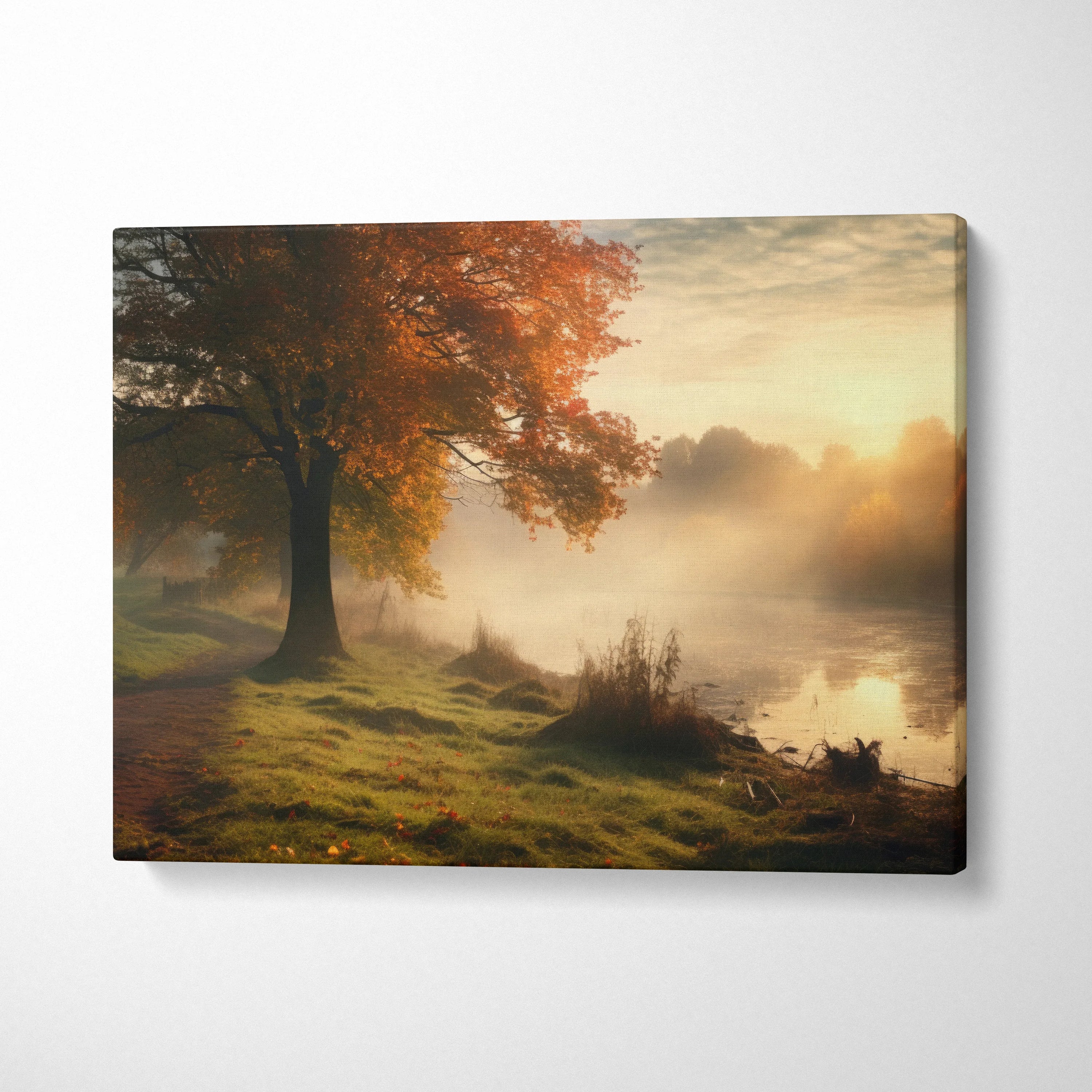 Serene autumn forest canvas wall art with foggy morning mist and warm sunlight decor.