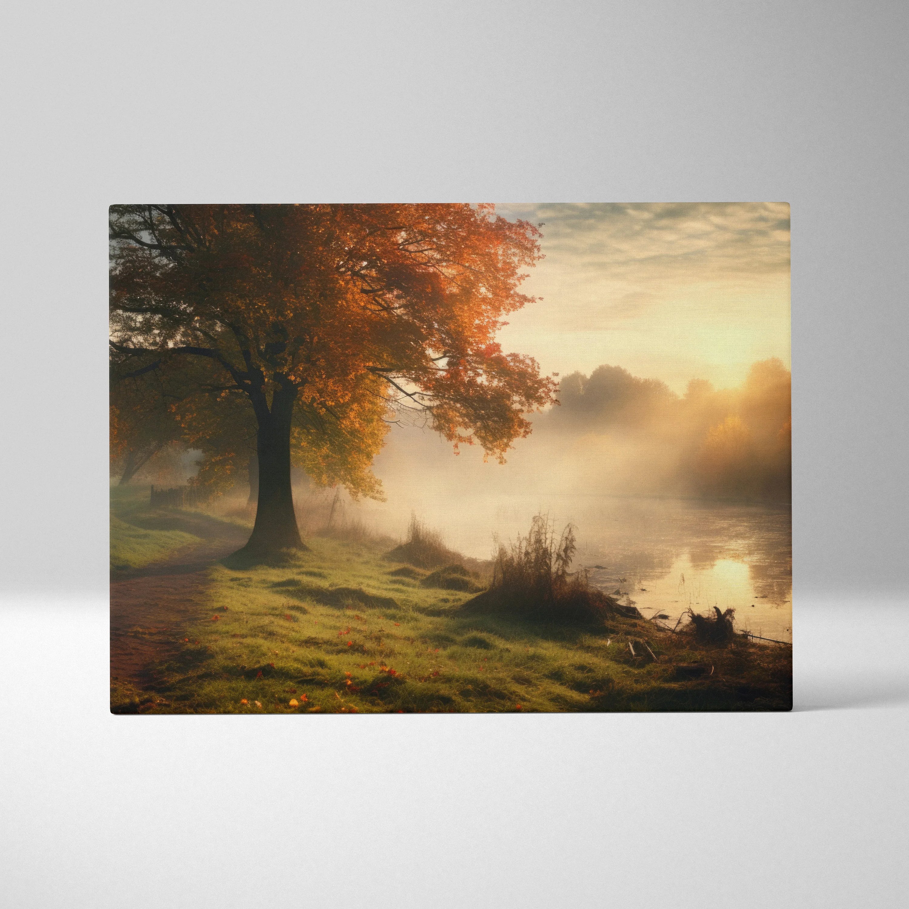 Autumn forest scene with misty morning fog on canvas wall art decor.