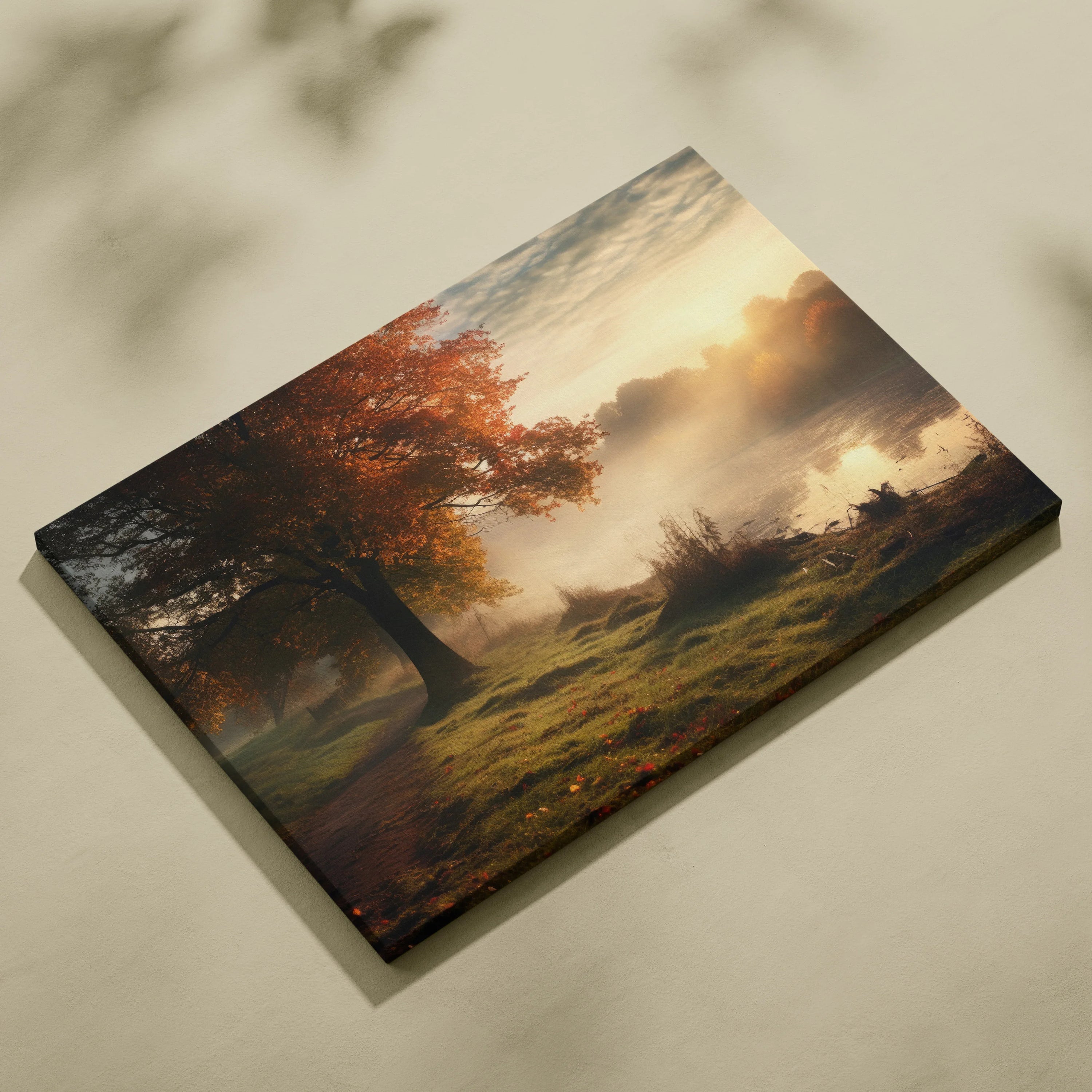 Canvas wall art featuring a serene autumn forest with foggy morning mist and warm sunlight decor.