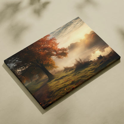 Canvas wall art featuring a serene autumn forest with foggy morning mist and warm sunlight decor.