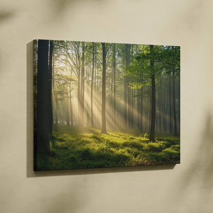 Canvas wall art featuring a sunlit forest with ancient trees and soft green foliage decor.