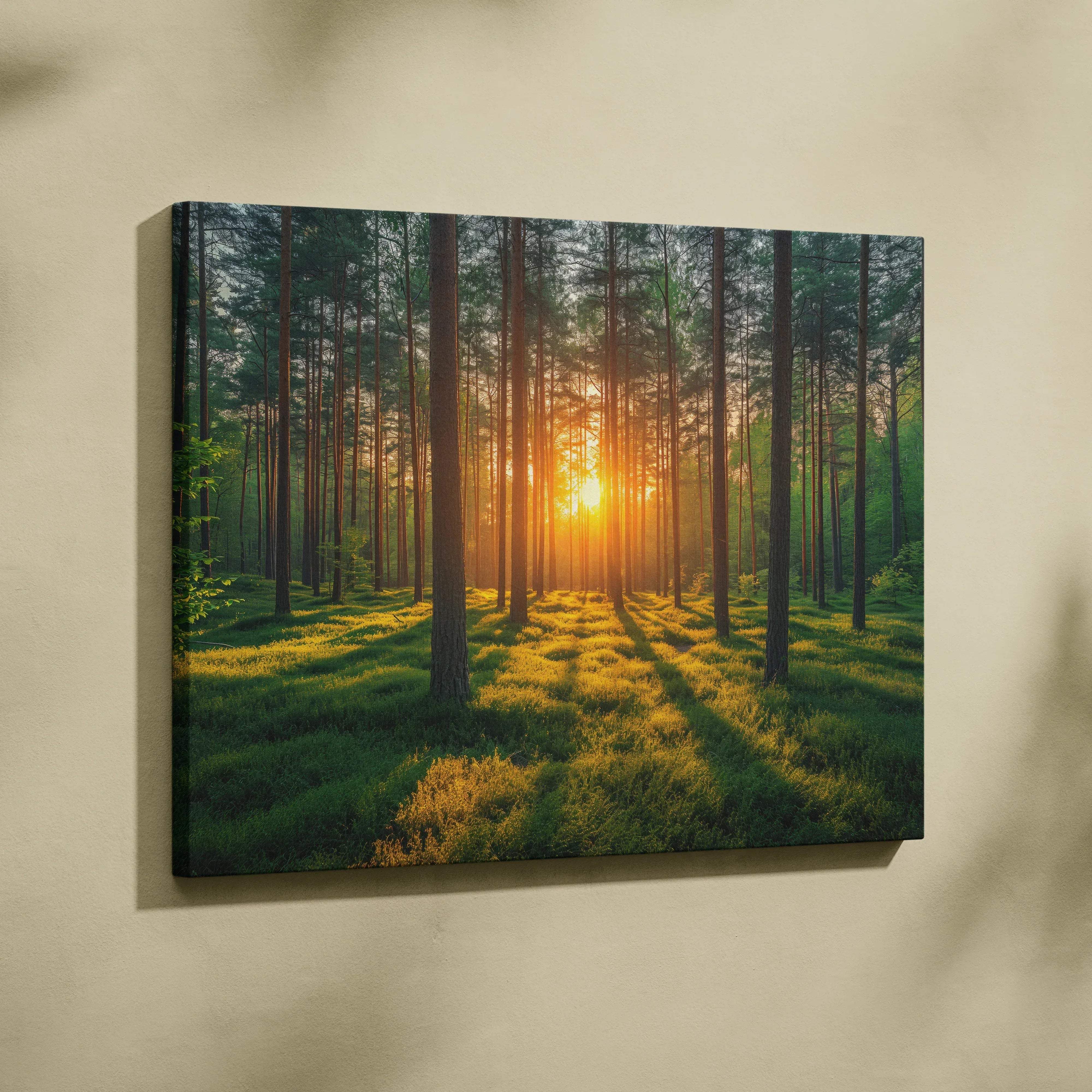 Rectangular canvas print of a sunlit forest with tall pine trees and golden light for warm home decor accent