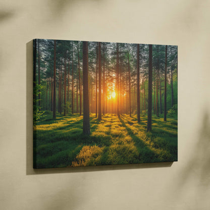 Forest sunset canvas wall art with warm golden sunlight filtering through tall trees casting long shadows on green forest.