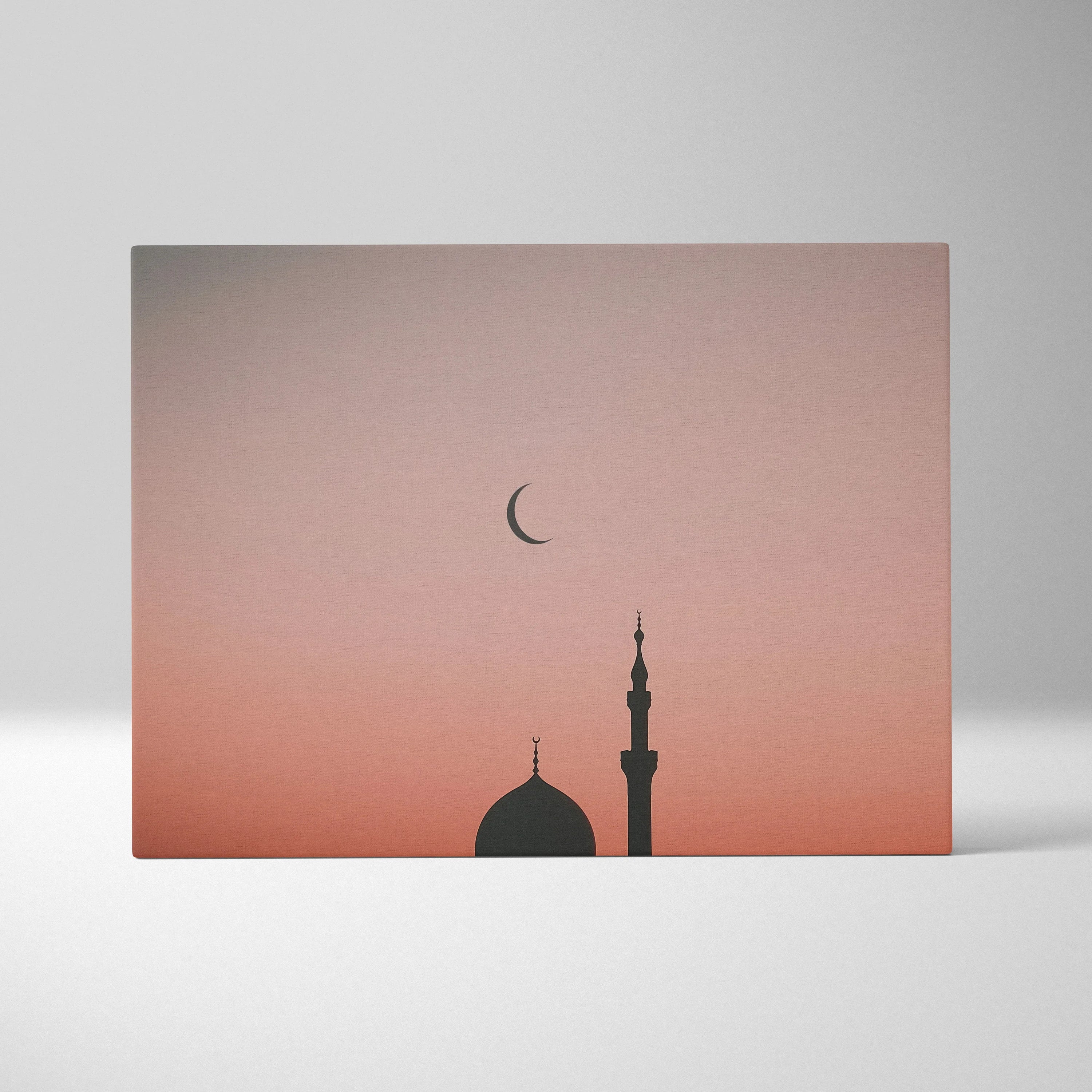 Minimalist mosque silhouette with crescent moon at sunset on canvas wall art decor.