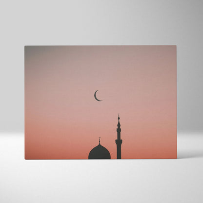 Minimalist mosque silhouette with crescent moon at sunset on canvas wall art decor.