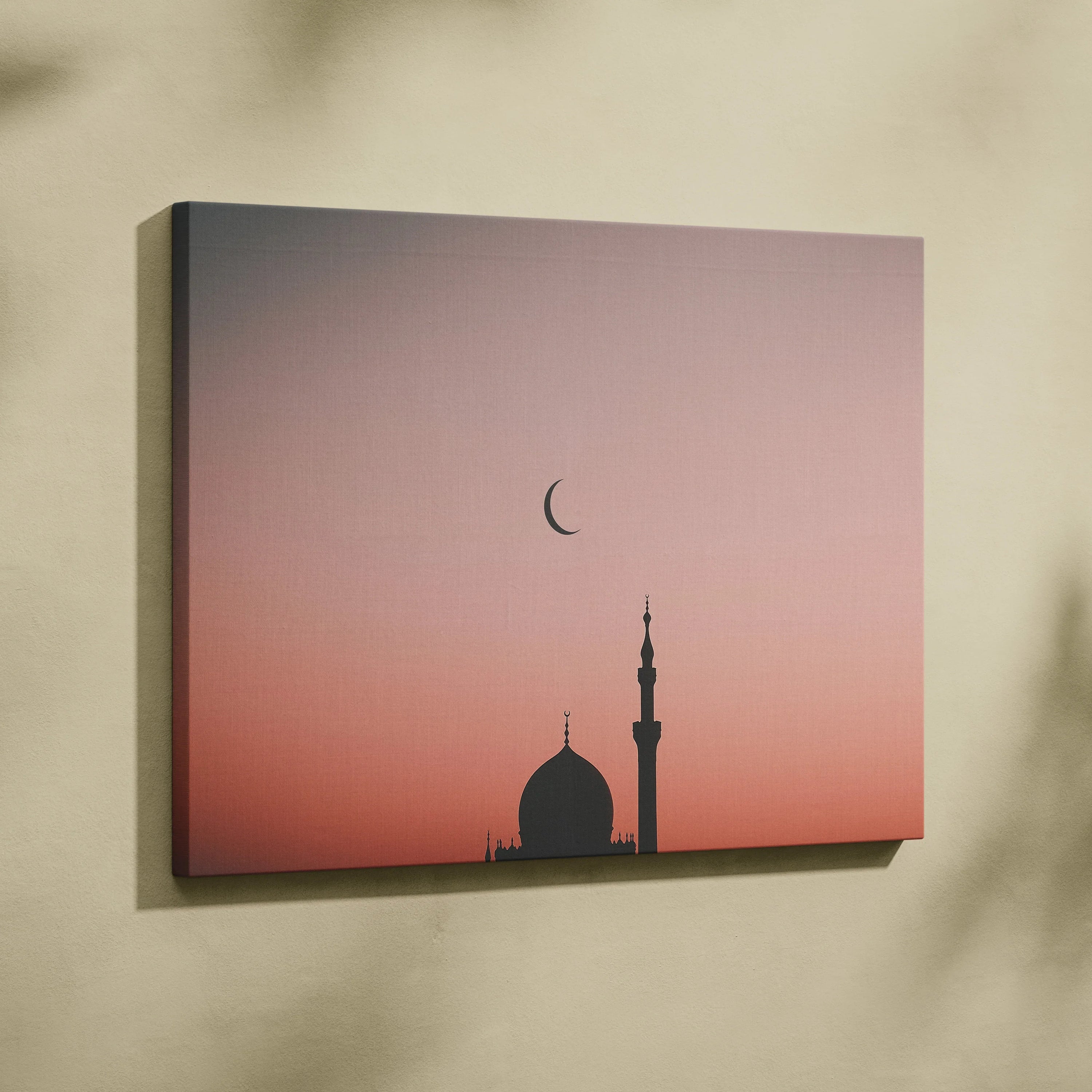 Minimalist mosque silhouette with crescent moon on pink gradient sky canvas wall art decor.