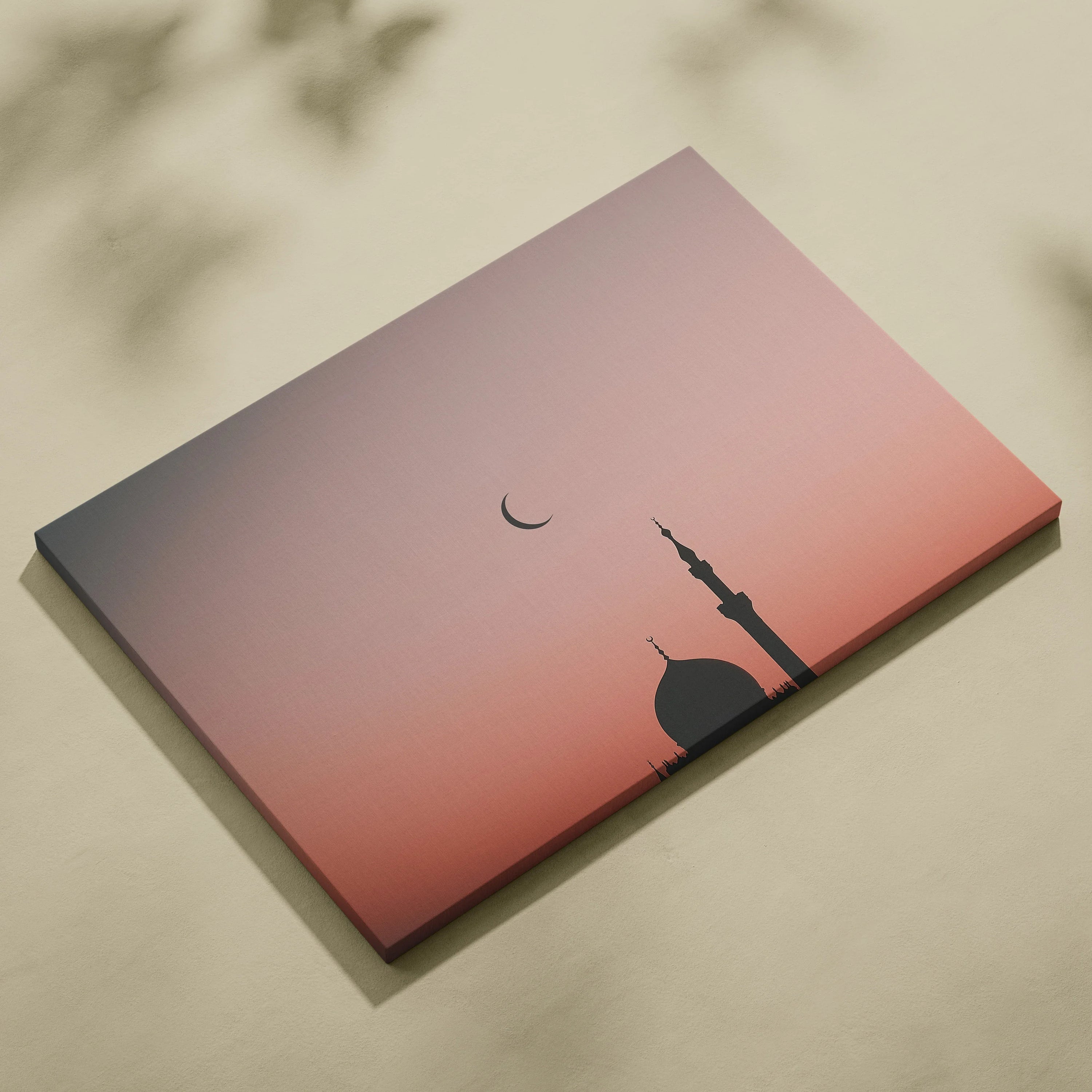 Minimalist mosque silhouette against a soft pink sunset sky on canvas wall art decor.