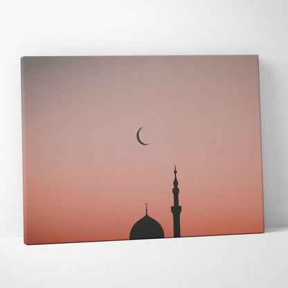 Minimalist mosque silhouette with crescent moon at sunset on canvas wall art for decor.
