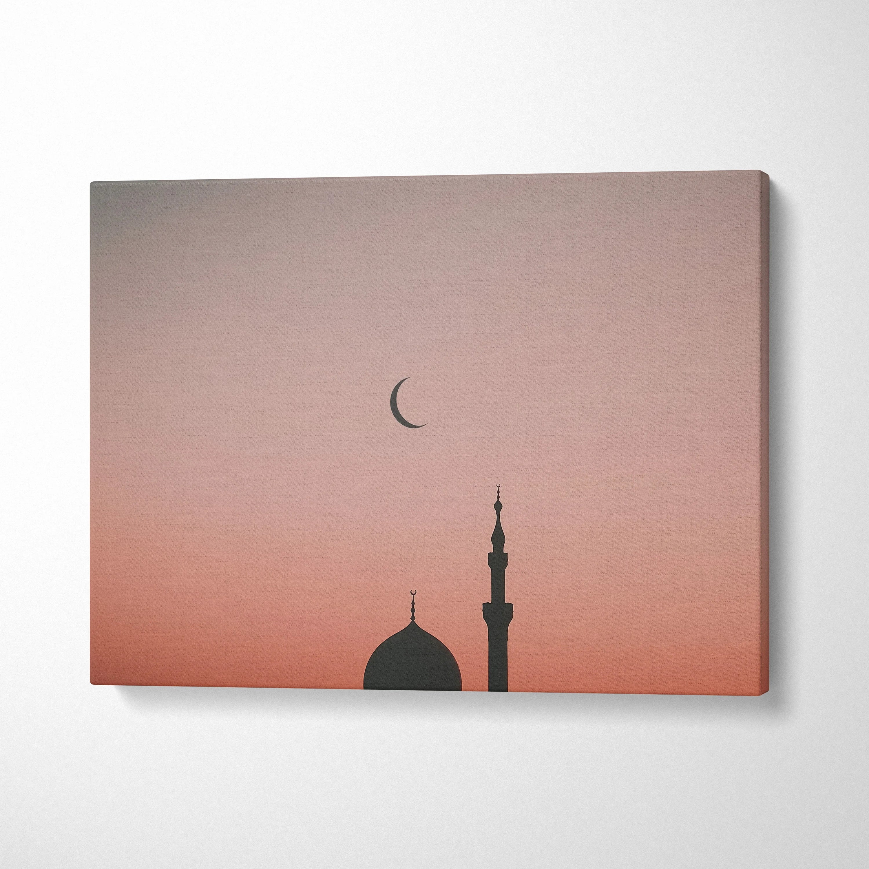 Minimalist mosque silhouette with crescent moon on warm gradient sky canvas wall art decor.