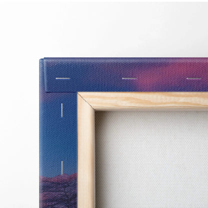 Mount Fuji canvas wall art with serene dawn pink blue reflections in wooden frame