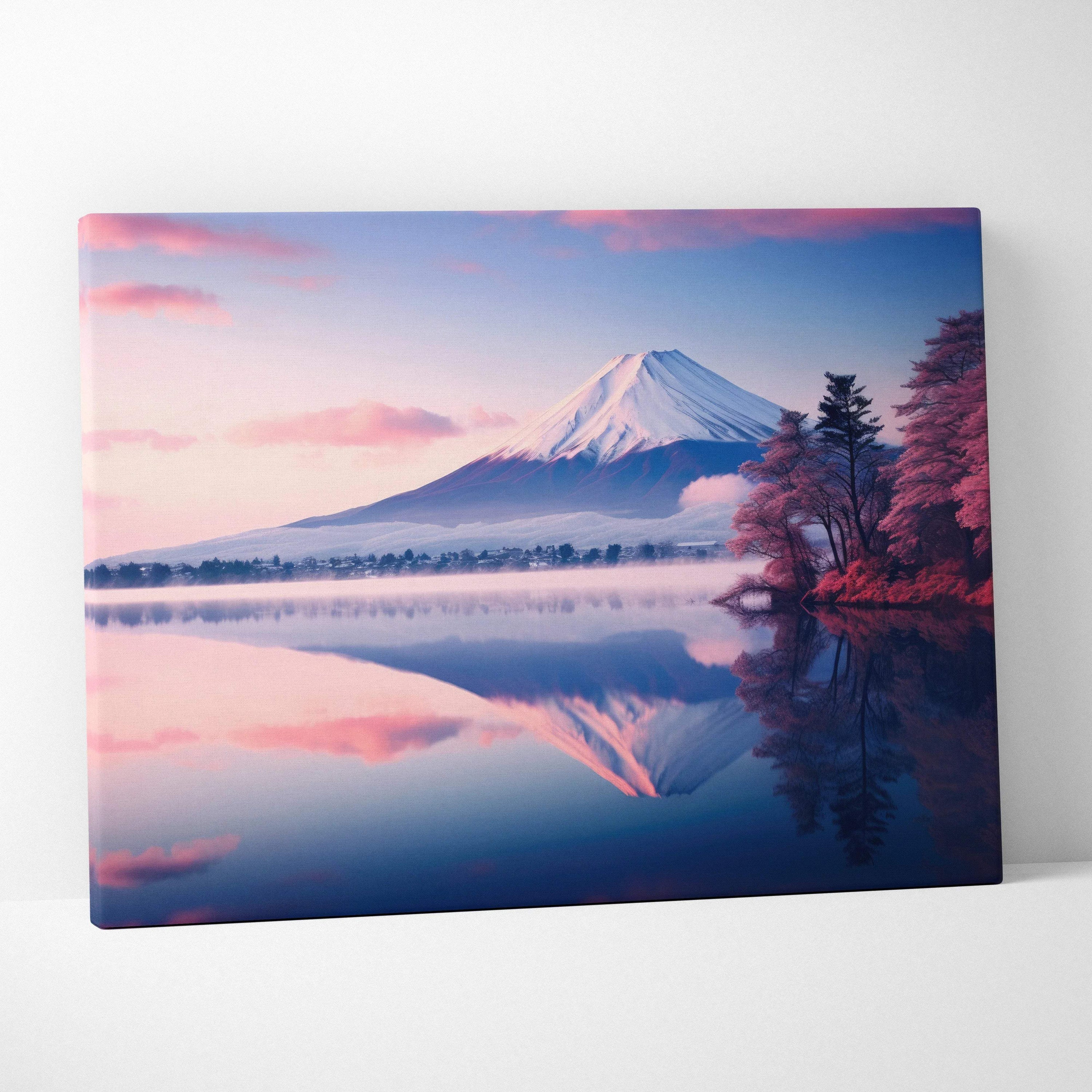 Serene Mount Fuji canvas wall art with pink blue dawn reflections