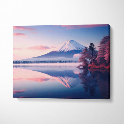 Canvas print of Mount Fuji reflected in calm waters at serene pink blue dawn