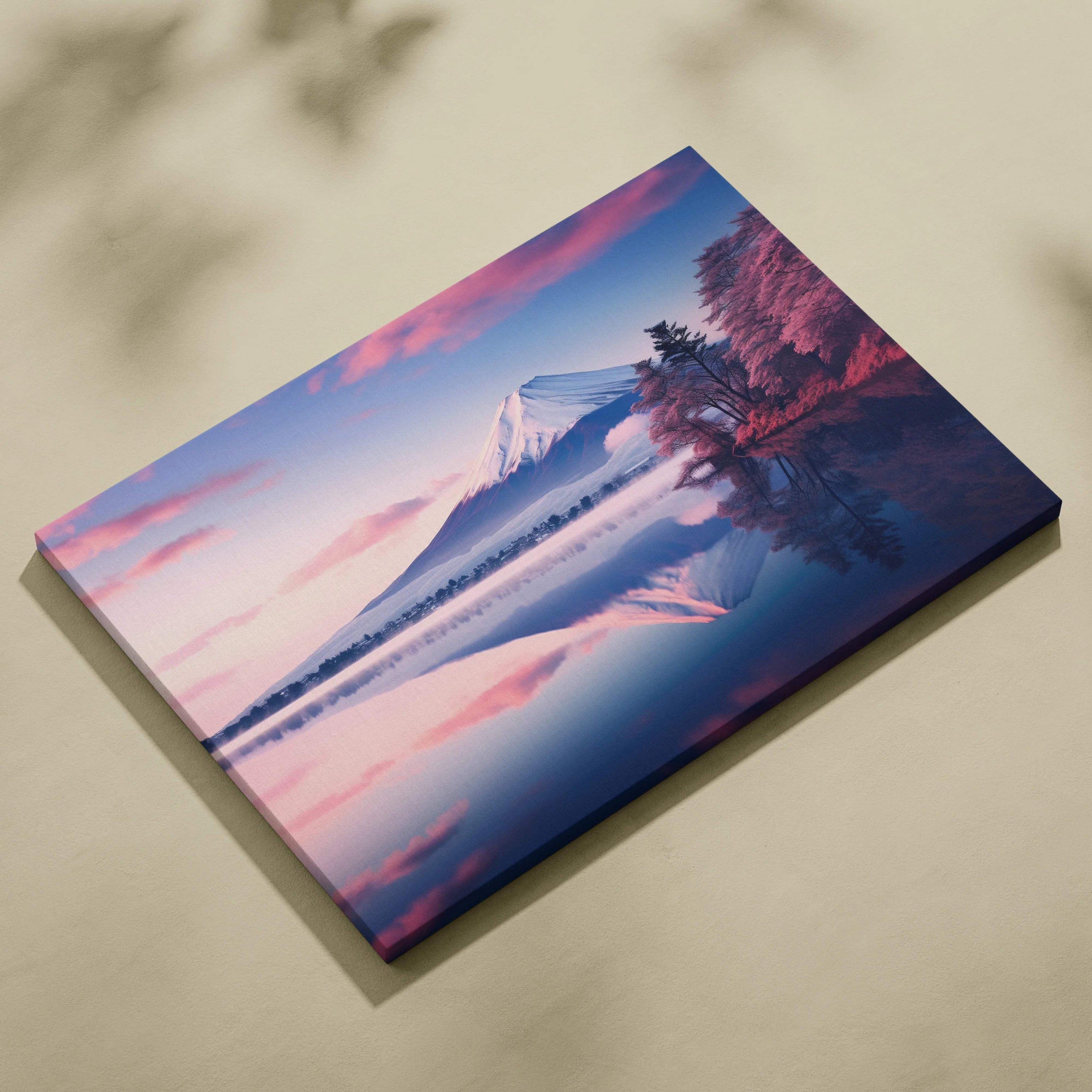 Serene Mount Fuji dawn canvas print with pink blue sky reflections