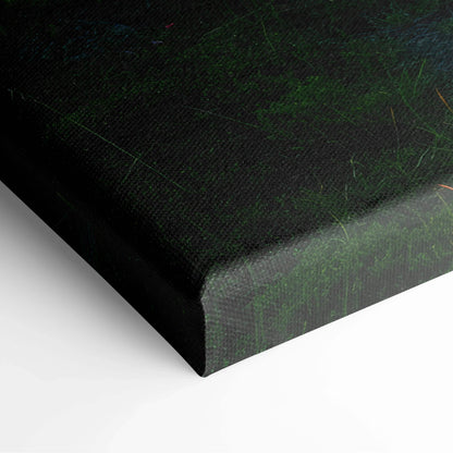 Black canvas print of textured dark green mountain meadow in morning fog