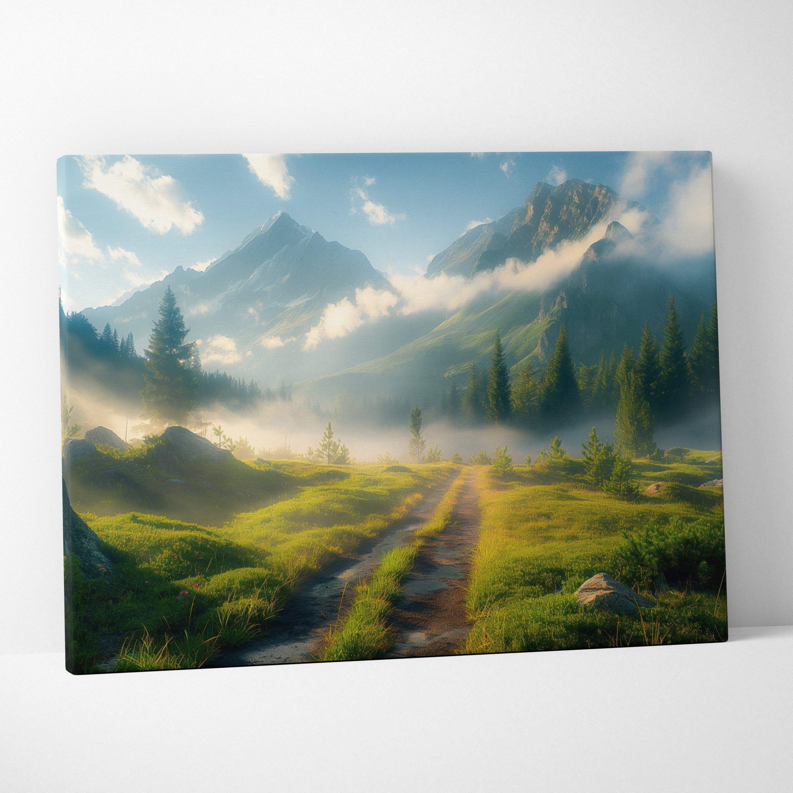 Canvas print of misty mountain meadow in morning fog with sunlit peaks