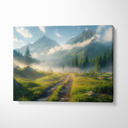 Canvas print of mountain meadow in morning fog with misty peaks and valleys