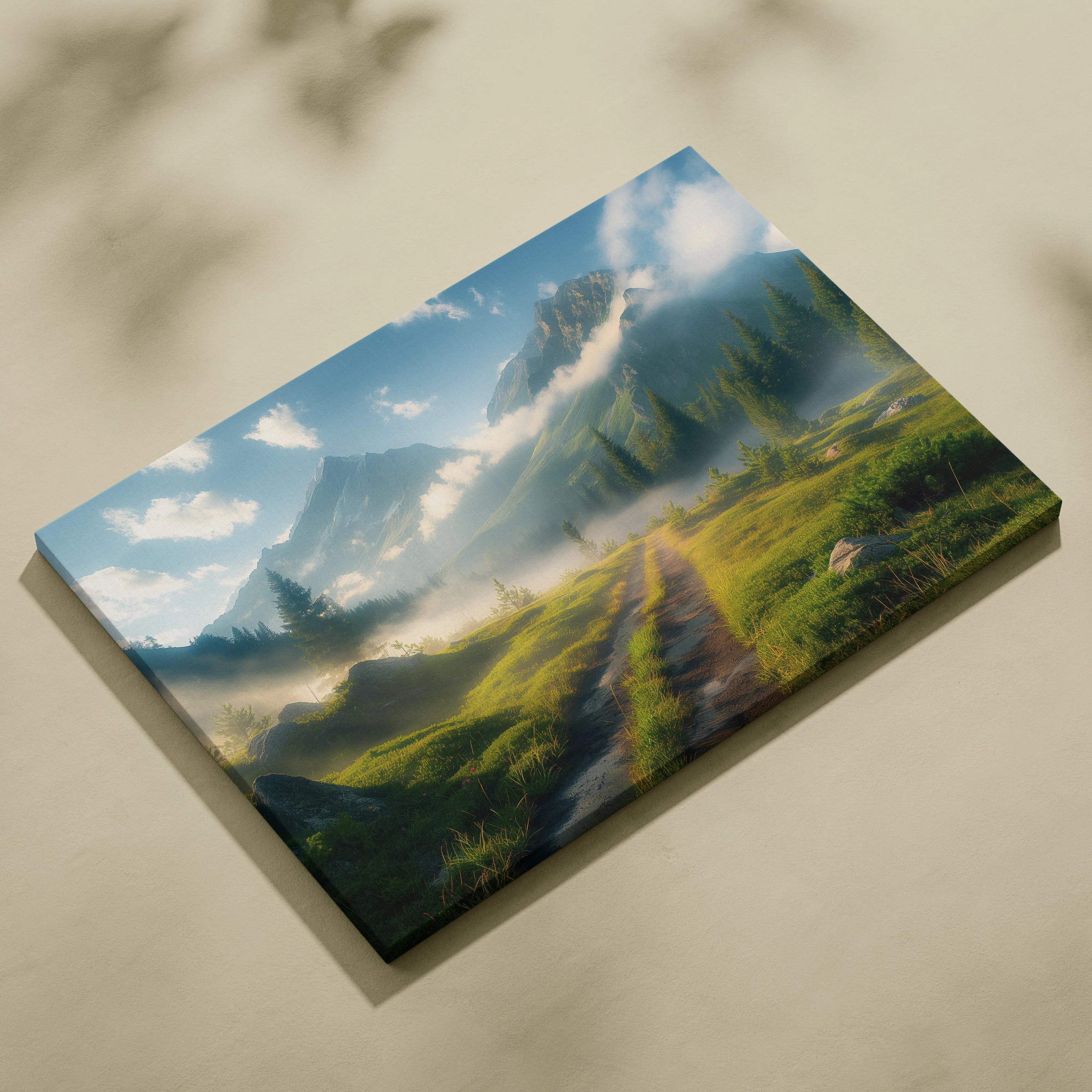 Canvas print of mountain meadow in morning fog with misty green slopes