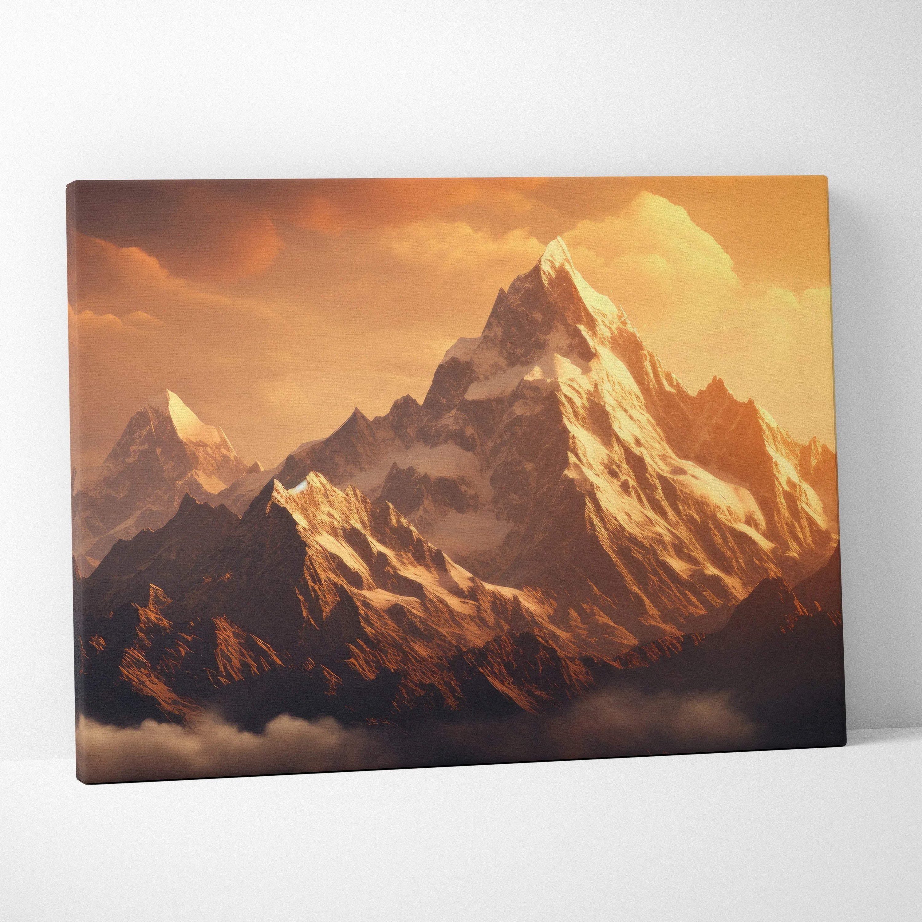 Majestic mountain range at sunset canvas wall art in golden hour tones