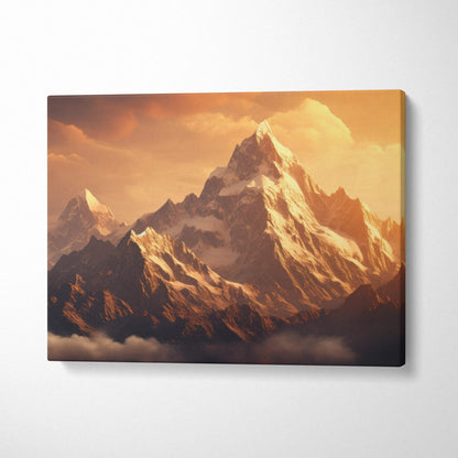 Majestic mountain range at sunset canvas wall art in golden hour tones