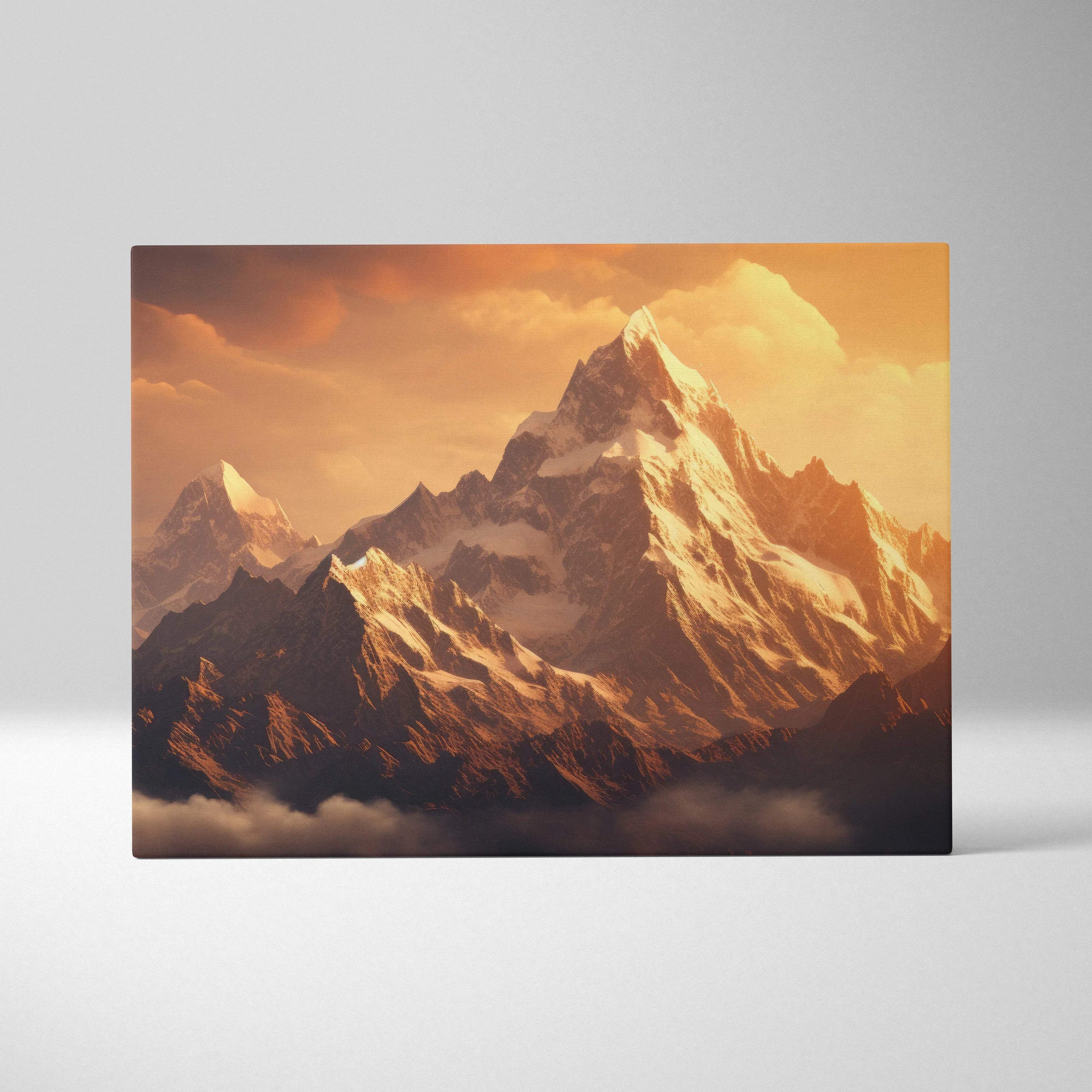 Majestic mountain range at sunset canvas wall art in golden hour tones
