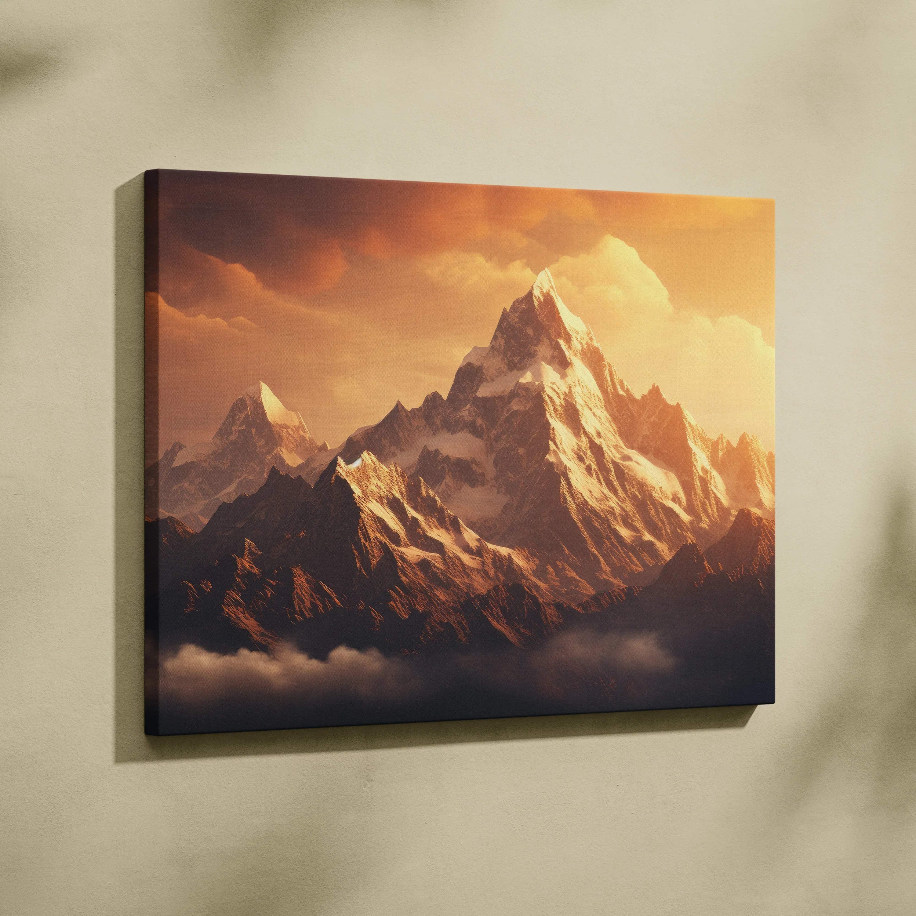 Majestic snow-capped mountain range canvas wall art at sunset in golden hour