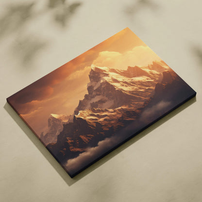 Majestic mountain range canvas wall art at sunset in golden hour tones