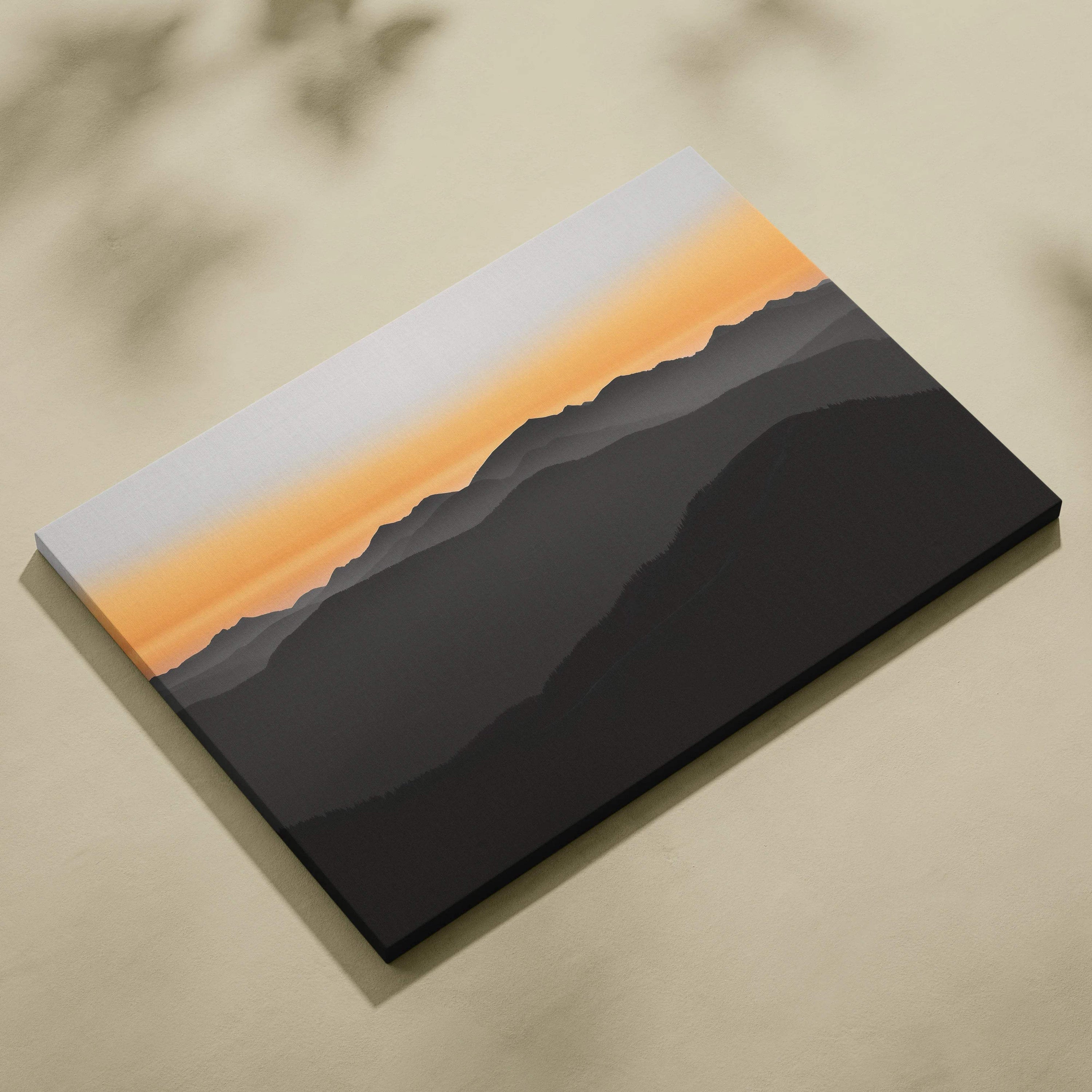 Minimalist layered mountain canvas wall art with orange sunset gradient