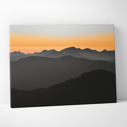 Minimalist layered mountain canvas wall art with orange to gray sunset gradient