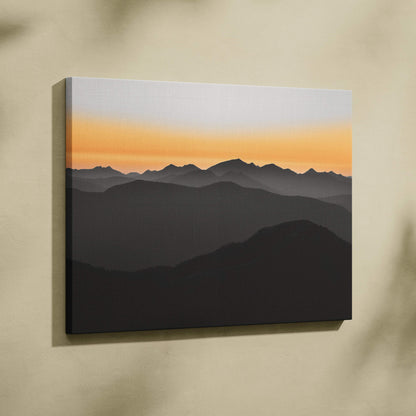 Minimalist layered mountain landscape canvas wall art with orange to gray sunset gradient