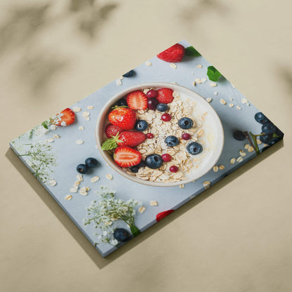 Canvas wall art featuring a breakfast fruit bowl with granola, strawberries, and blueberries decor.