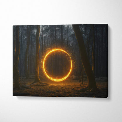 Glowing golden ring in misty forest canvas wall art