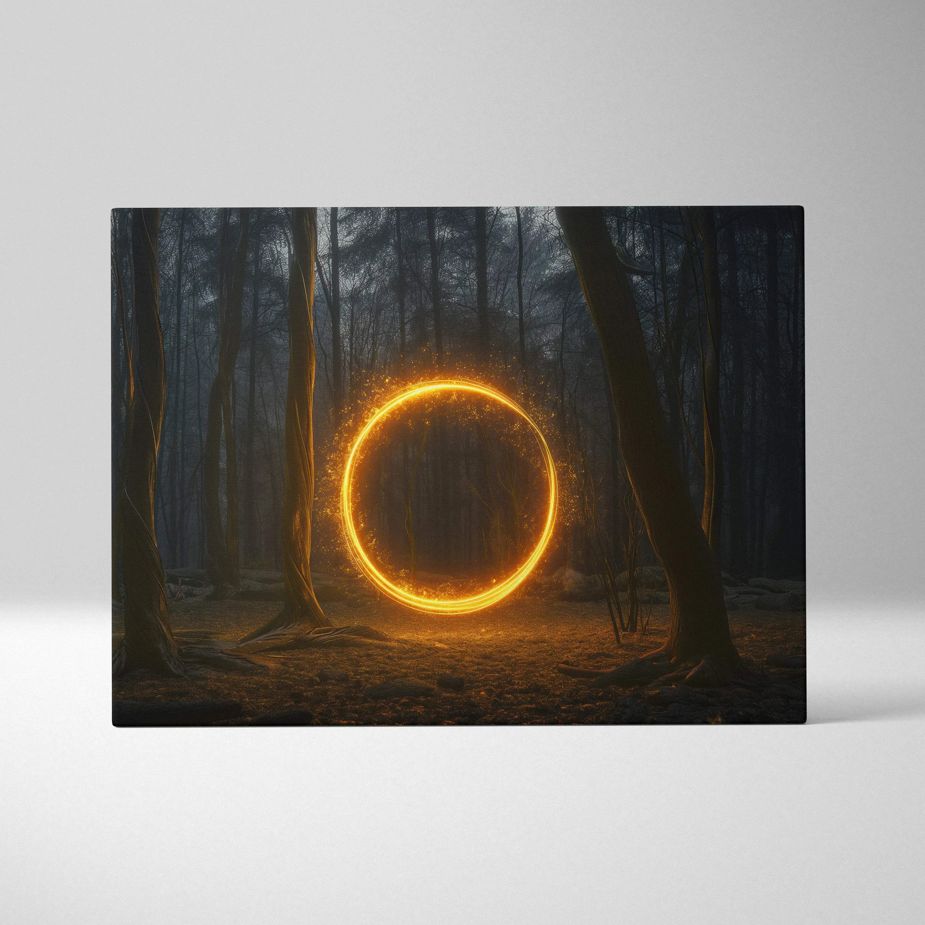 Glowing golden portal in misty dark woods canvas wall art