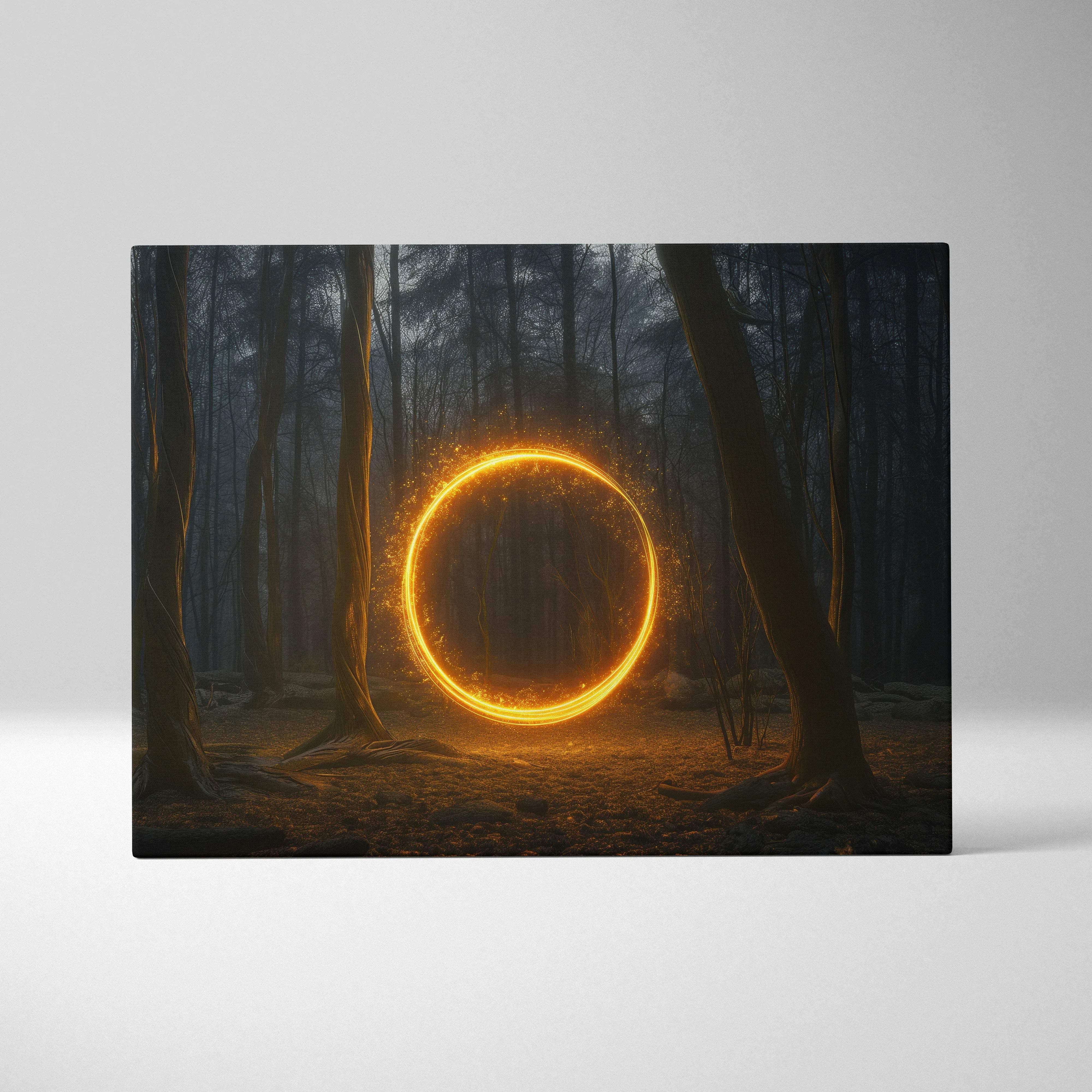 Glowing golden portal in misty dark woods canvas wall art