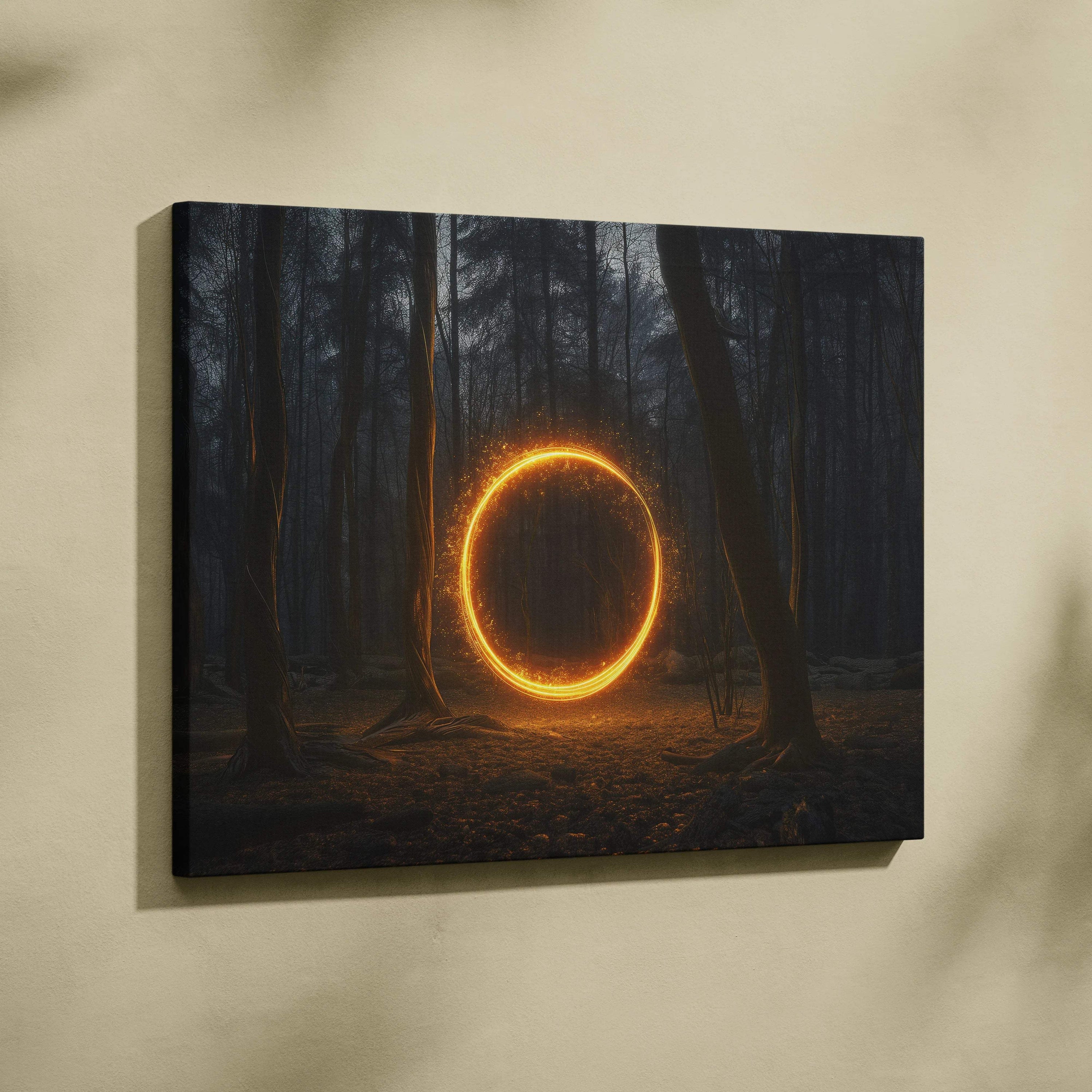 Glowing orange circle light in dark forest visionary canvas wall art