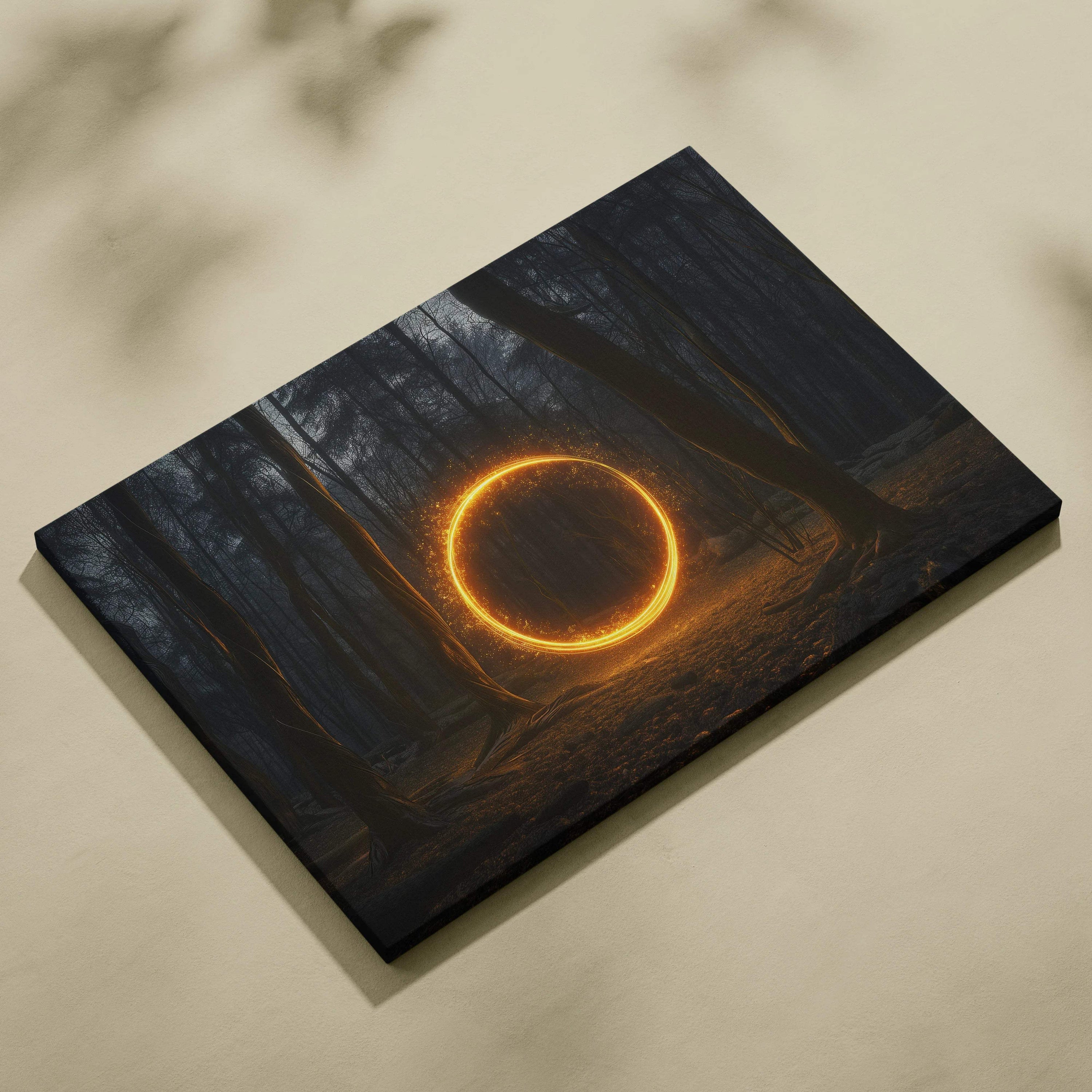 Black canvas print of glowing golden ring in dark forest tunnel