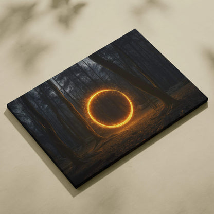 Black canvas print of glowing golden ring in dark forest tunnel
