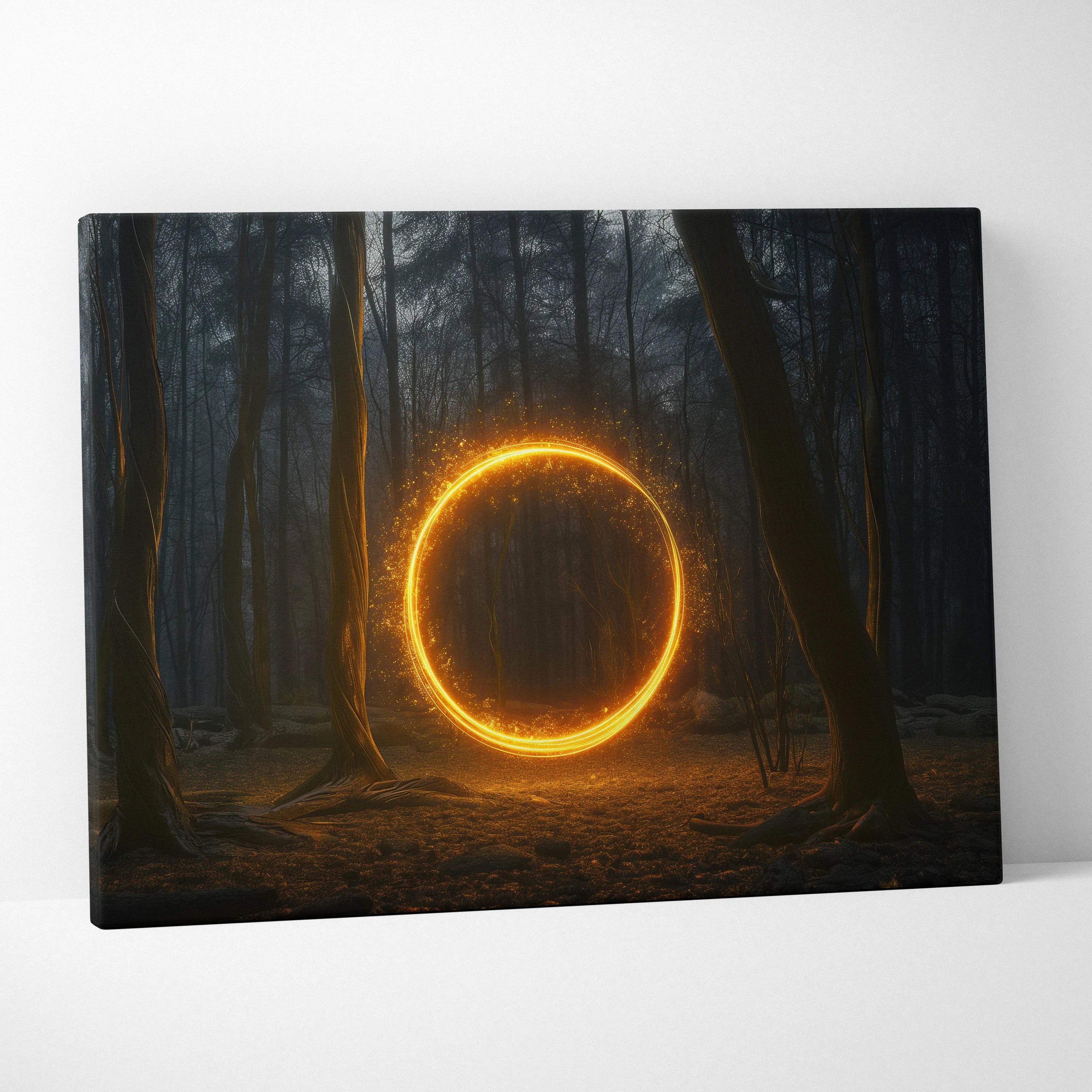 Glowing golden portal in dark misty forest canvas wall art