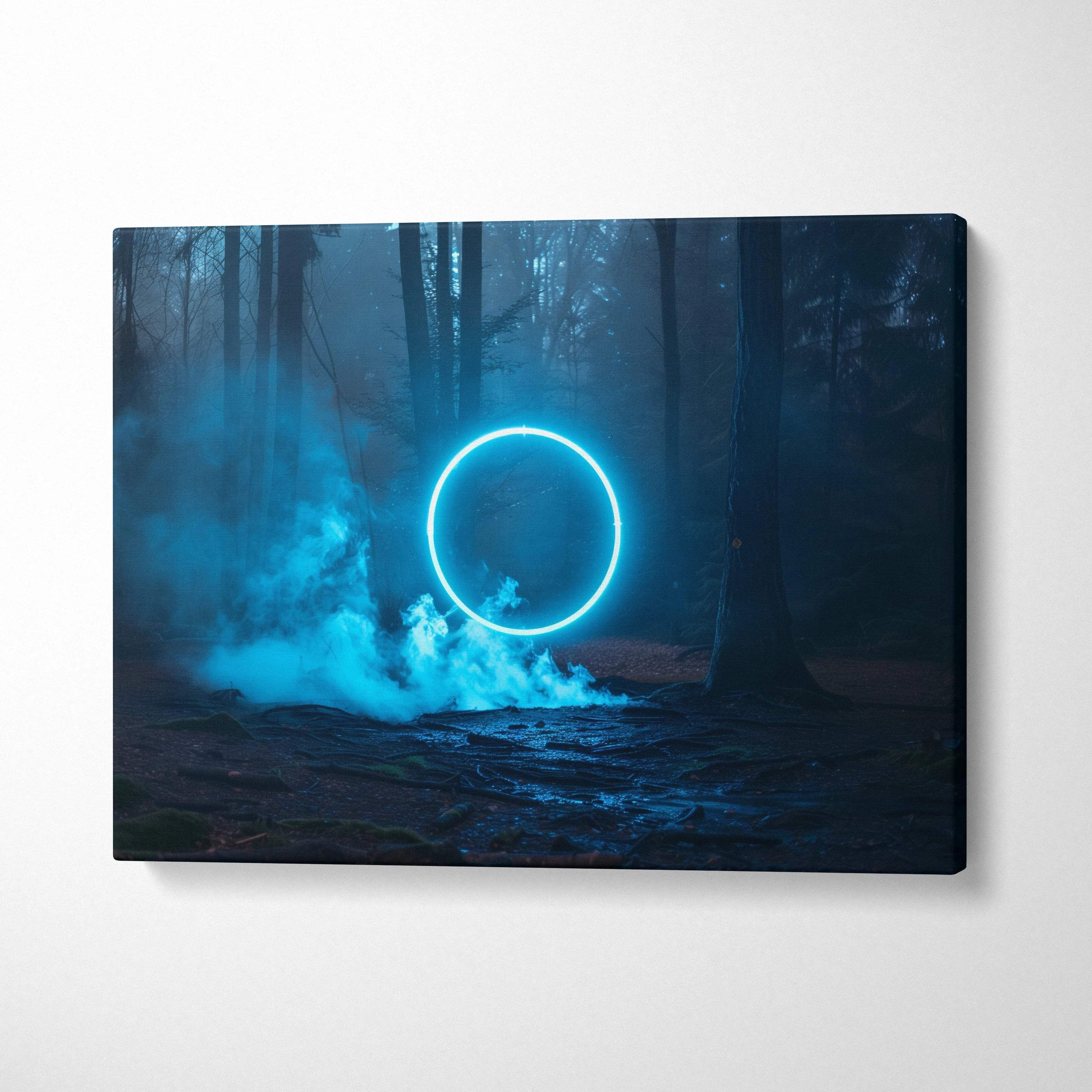 Canvas wall art of glowing blue ring in misty dark forest night