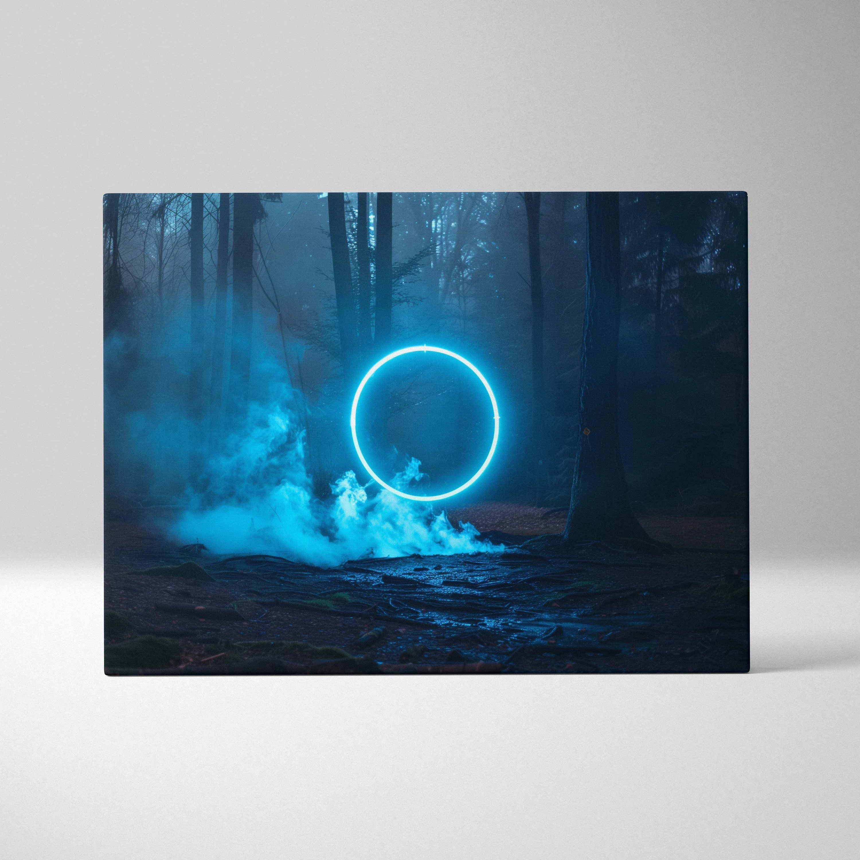 Glowing blue neon ring above misty forest floor canvas wall art
