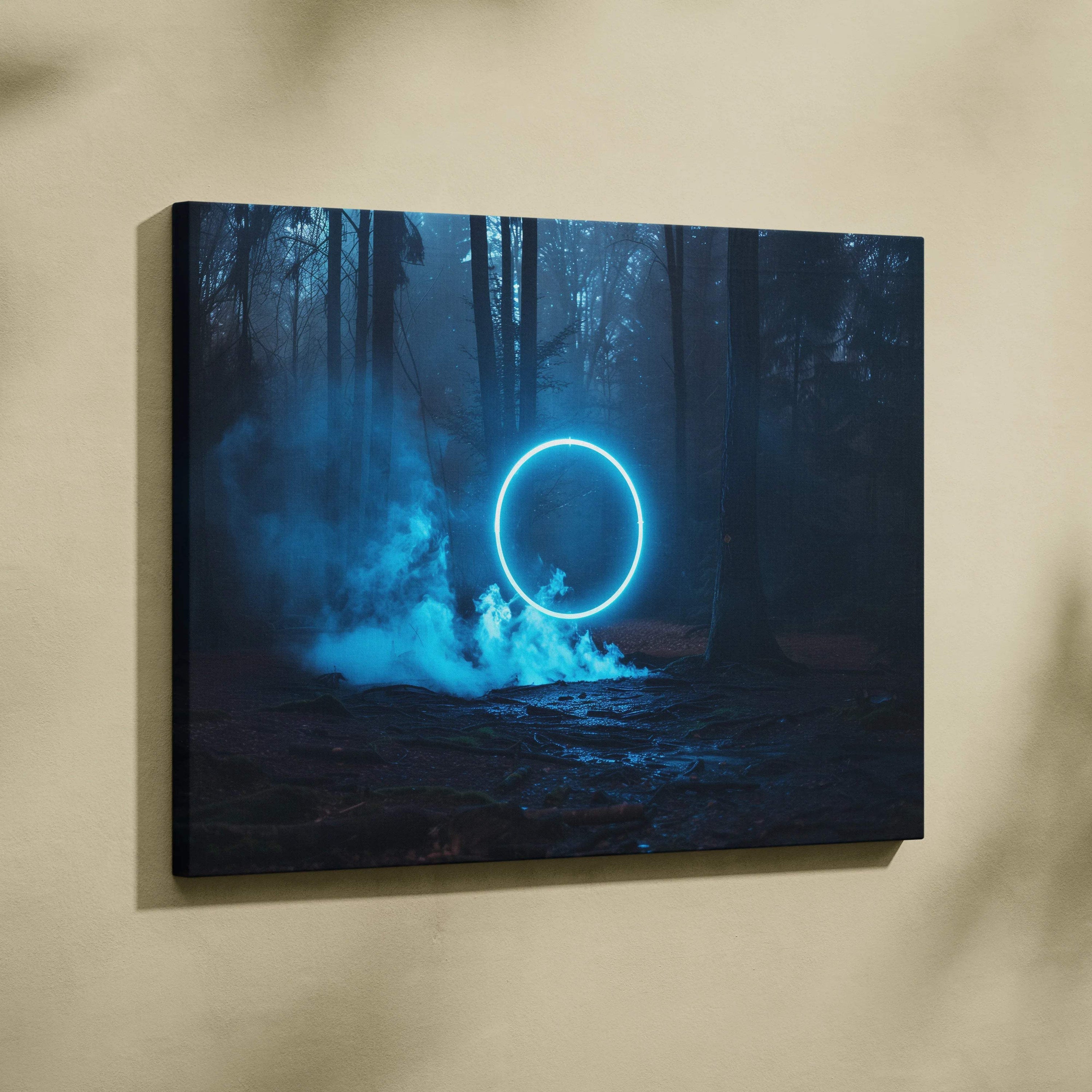 Canvas wall art of glowing blue neon ring over misty forest night with dark trees