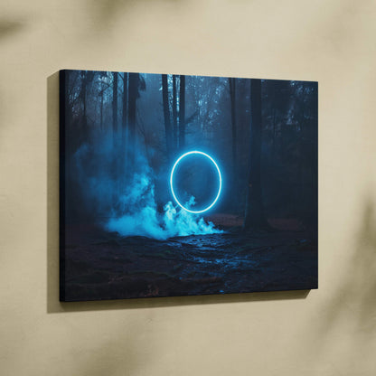 Canvas wall art of glowing blue neon ring over misty forest night with dark trees