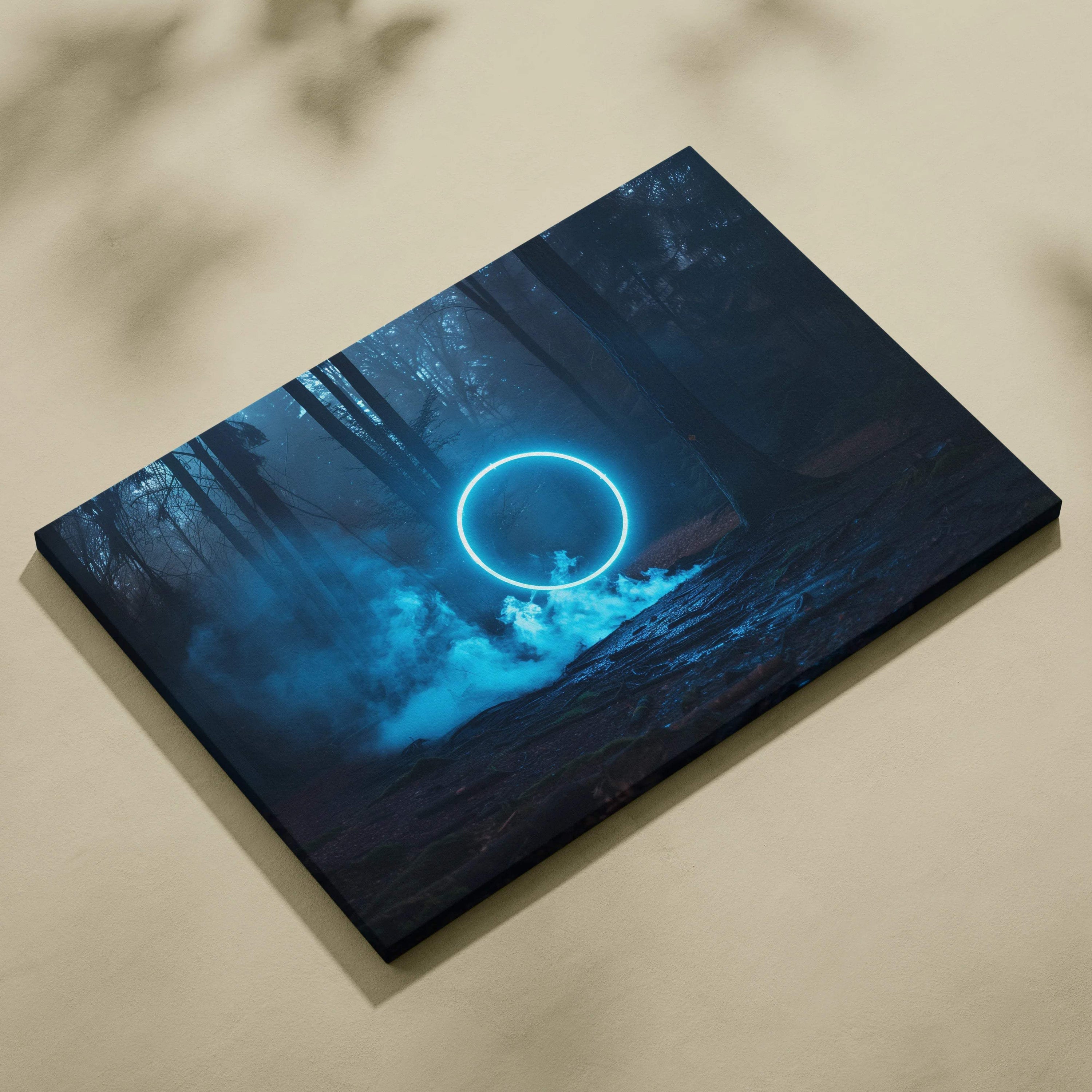 Canvas wall art of glowing blue neon ring over misty dark forest waters
