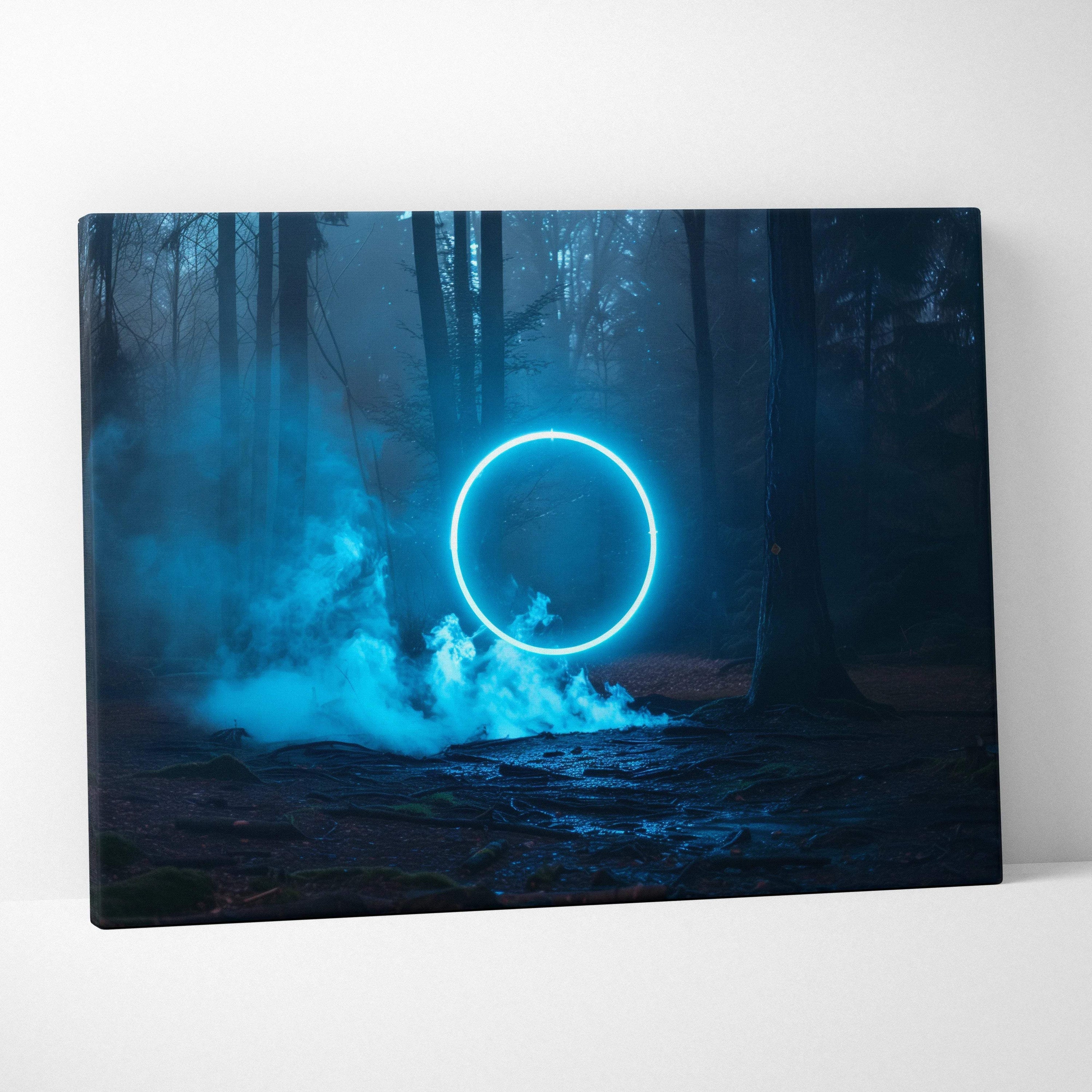 Glowing blue neon ring in misty dark forest canvas wall art