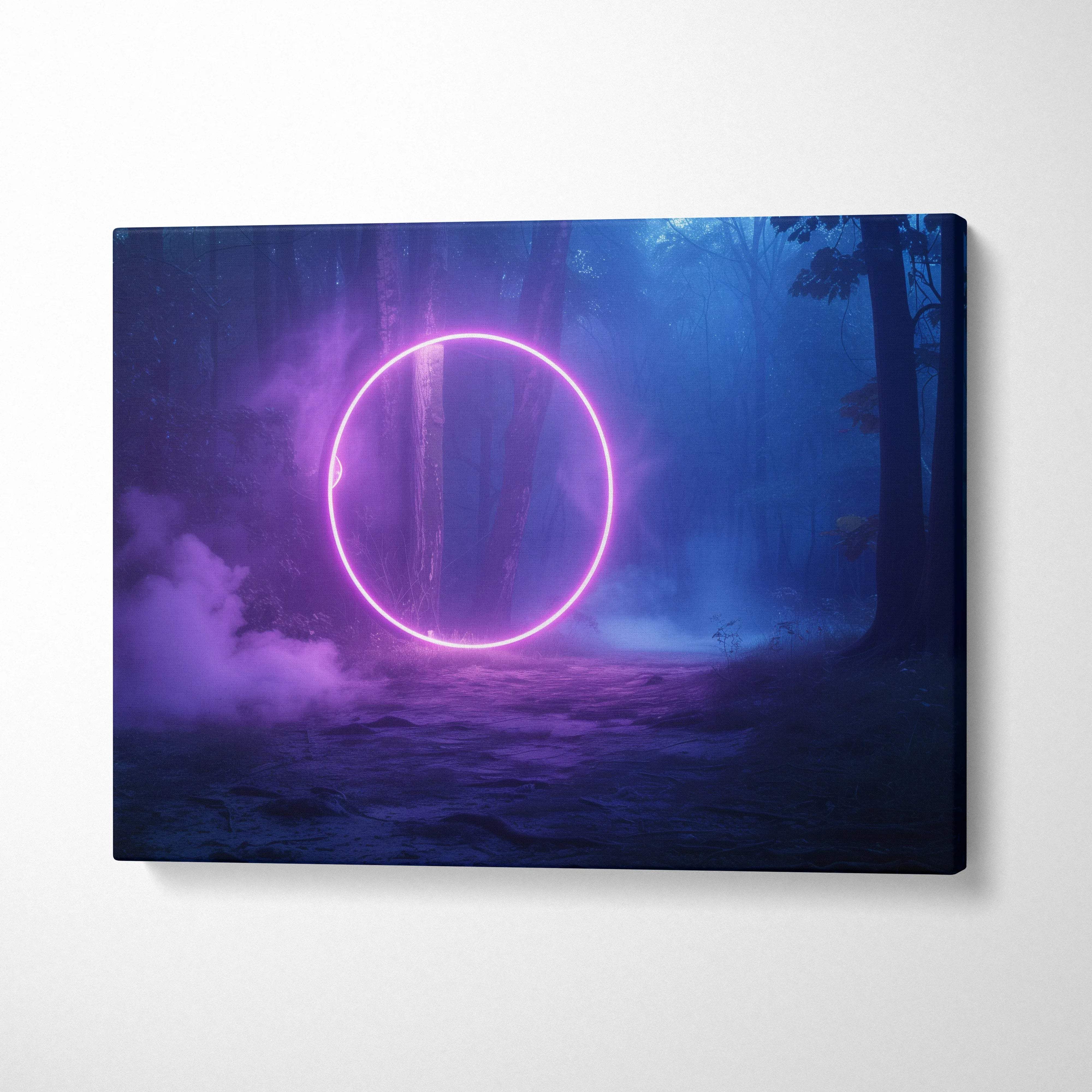 Glowing neon pink portal in misty dark forest canvas wall art