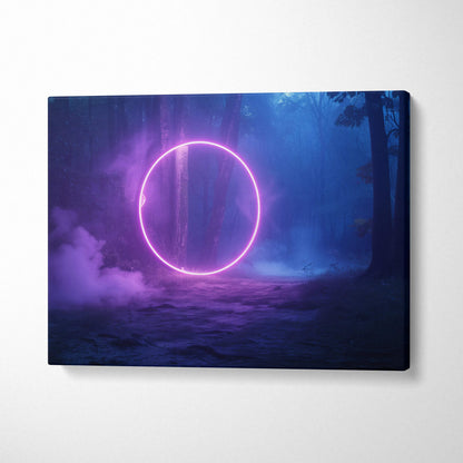 Glowing neon pink portal in misty dark forest canvas wall art