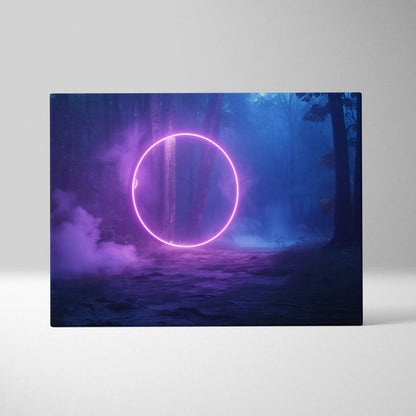 Surreal neon glowing purple circle portal in misty dark forest canvas art