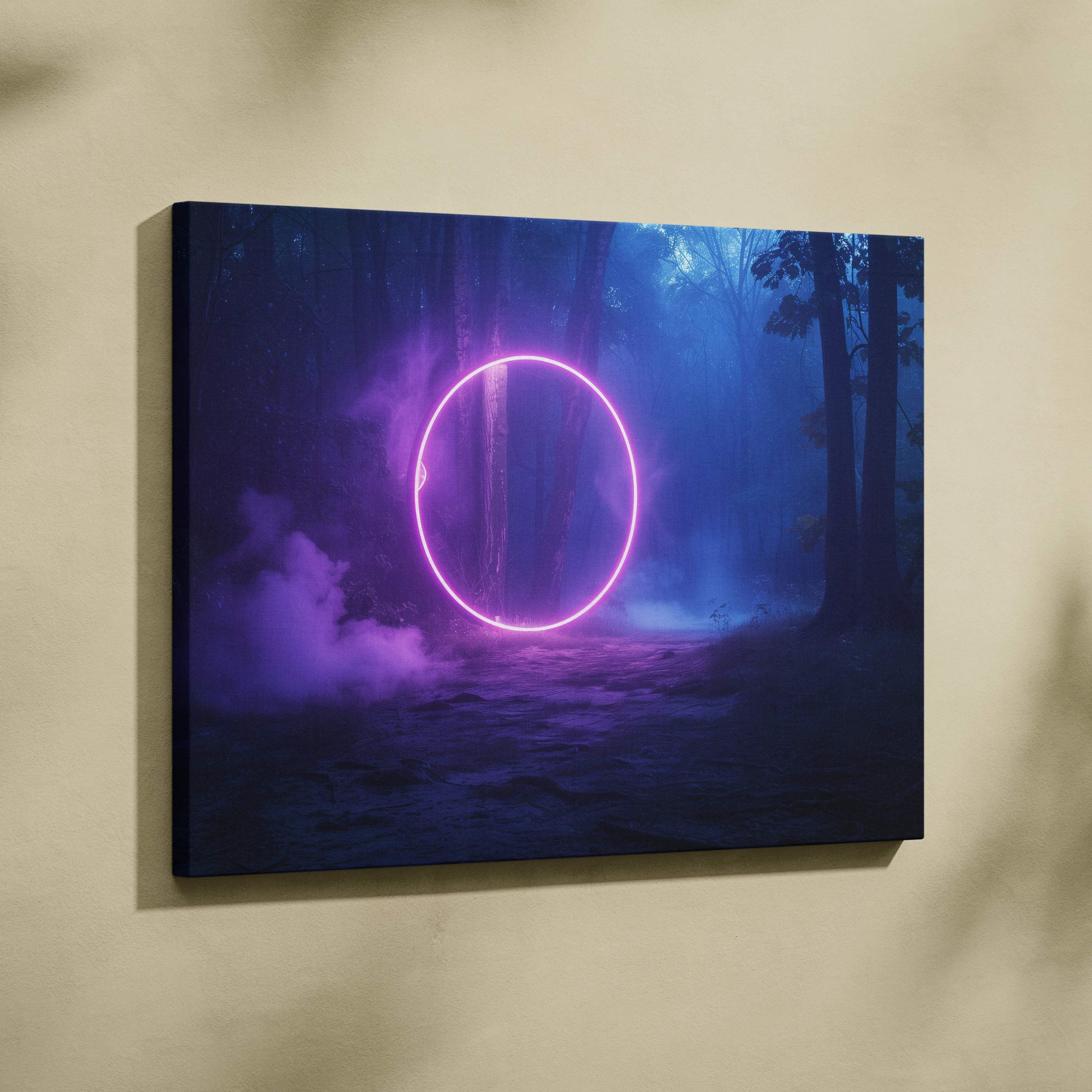 Surreal neon canvas wall art of glowing purple circle in misty forest