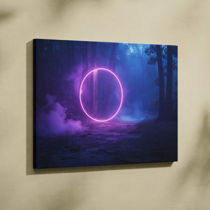 Surreal neon canvas wall art of glowing purple circle in misty forest