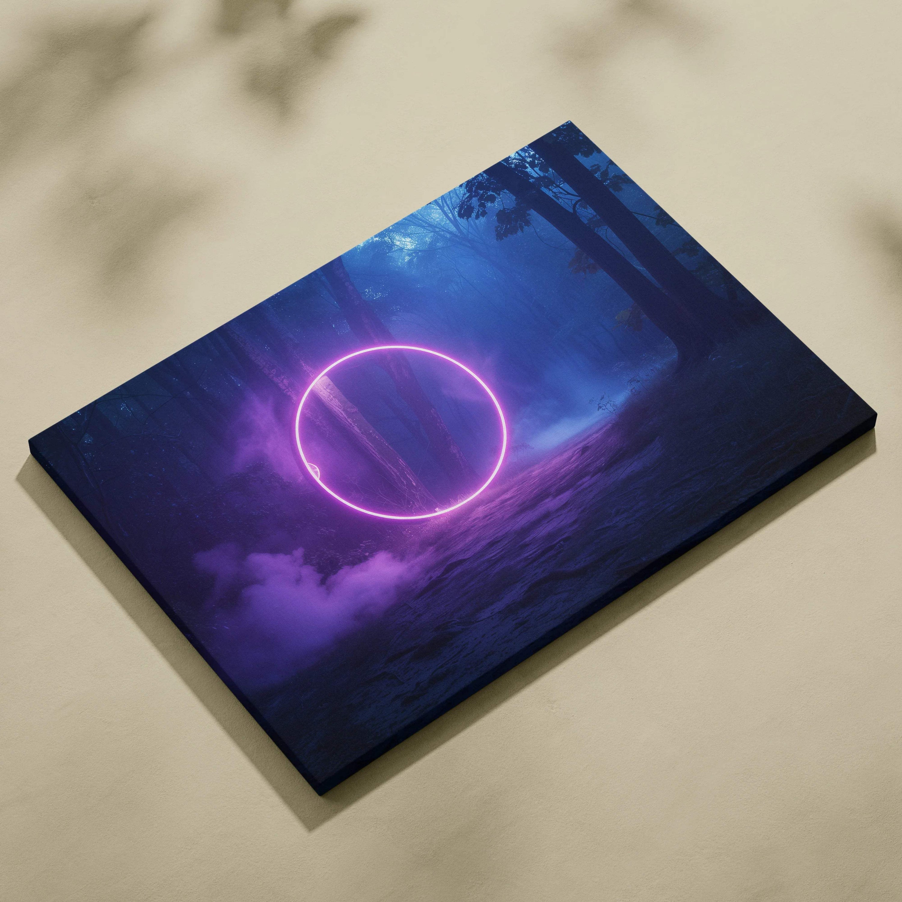 Surreal neon glowing purple circle canvas wall art in misty forest