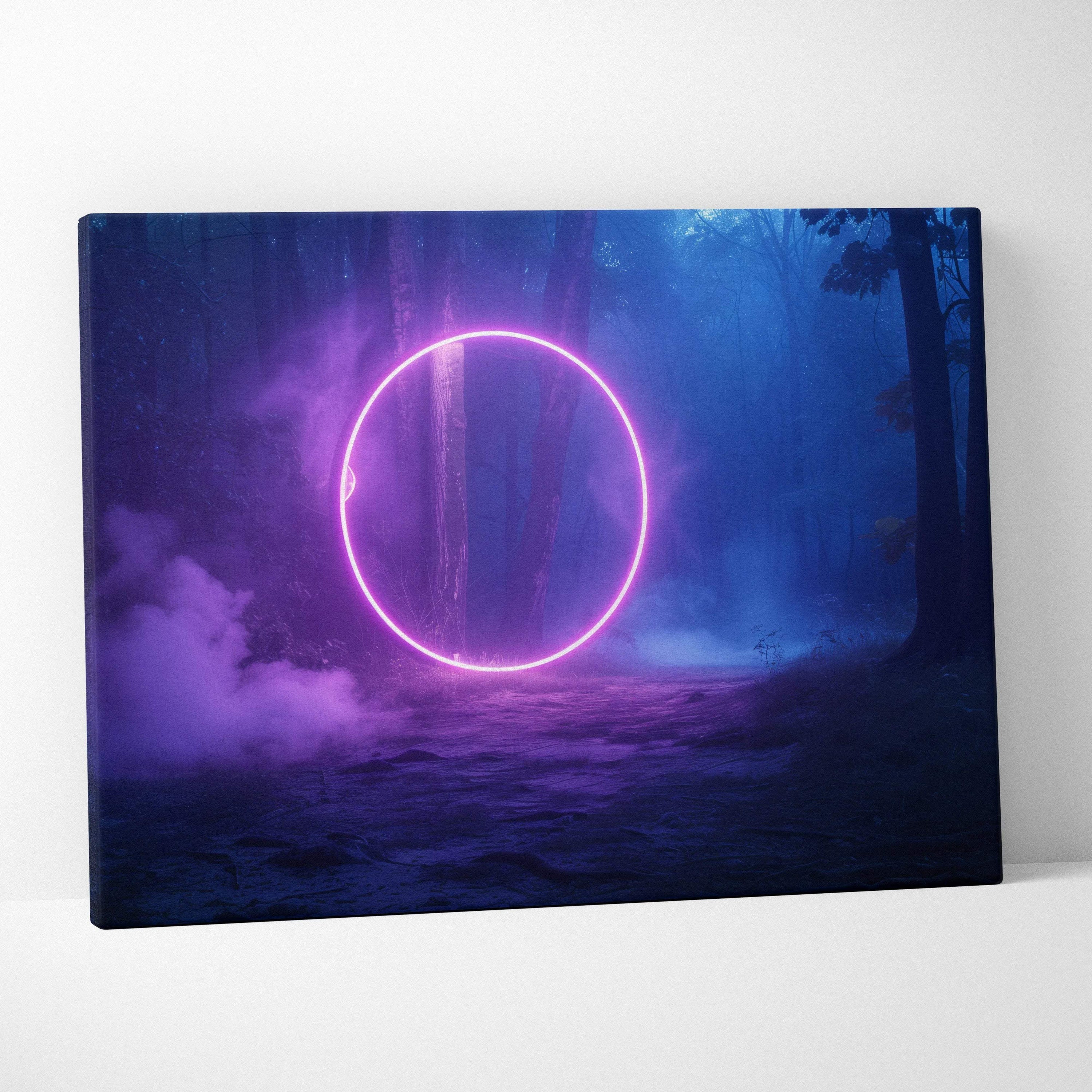 Glowing neon pink portal in misty dark blue forest canvas wall art